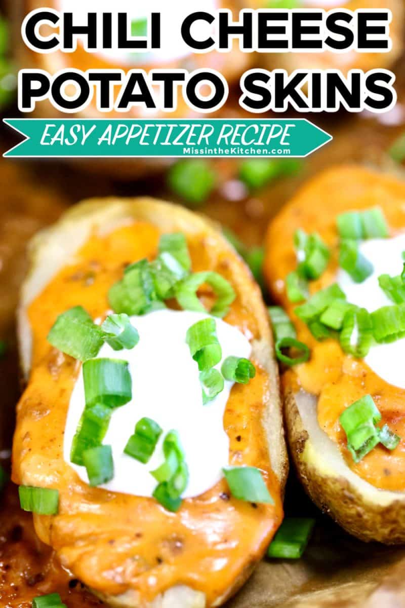 Chili cheese potato skins recipe with text overlay.