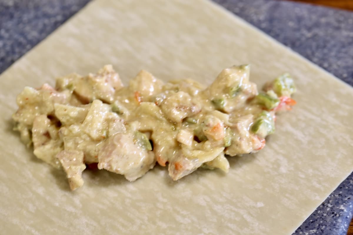 Chicken fajita egg roll filling on a wrapper.