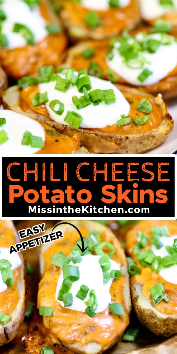 Chili cheese potato skins collage with text overlay.