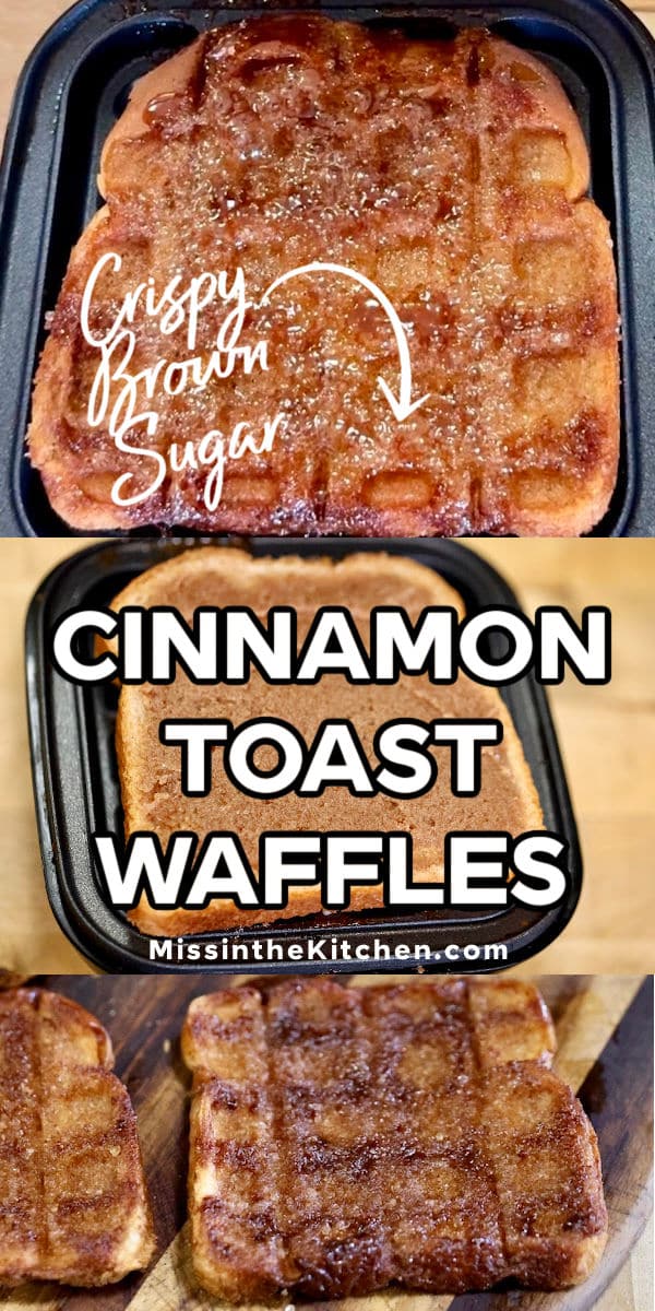 Collage of making cinnamon toast in waffle iron.