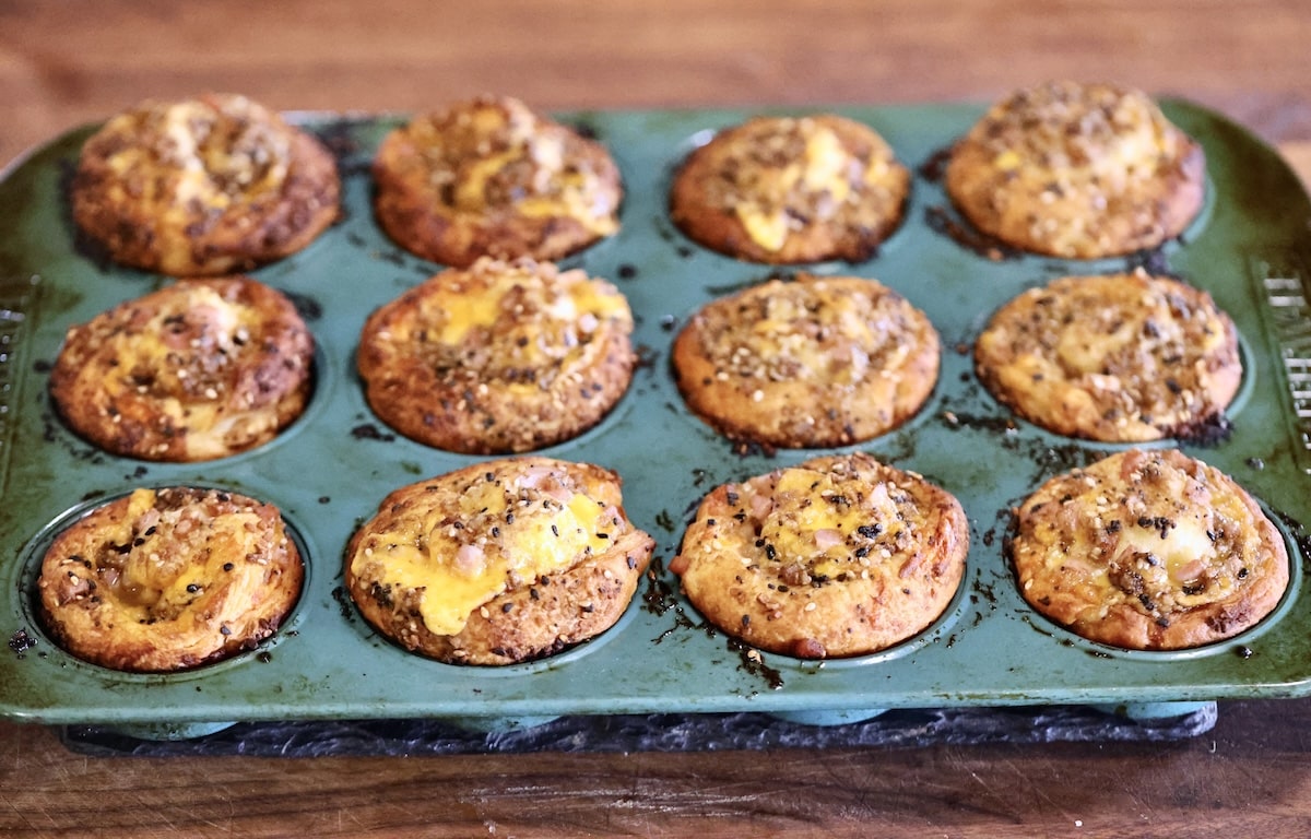 Croissant muffins in a blue tin, baked.