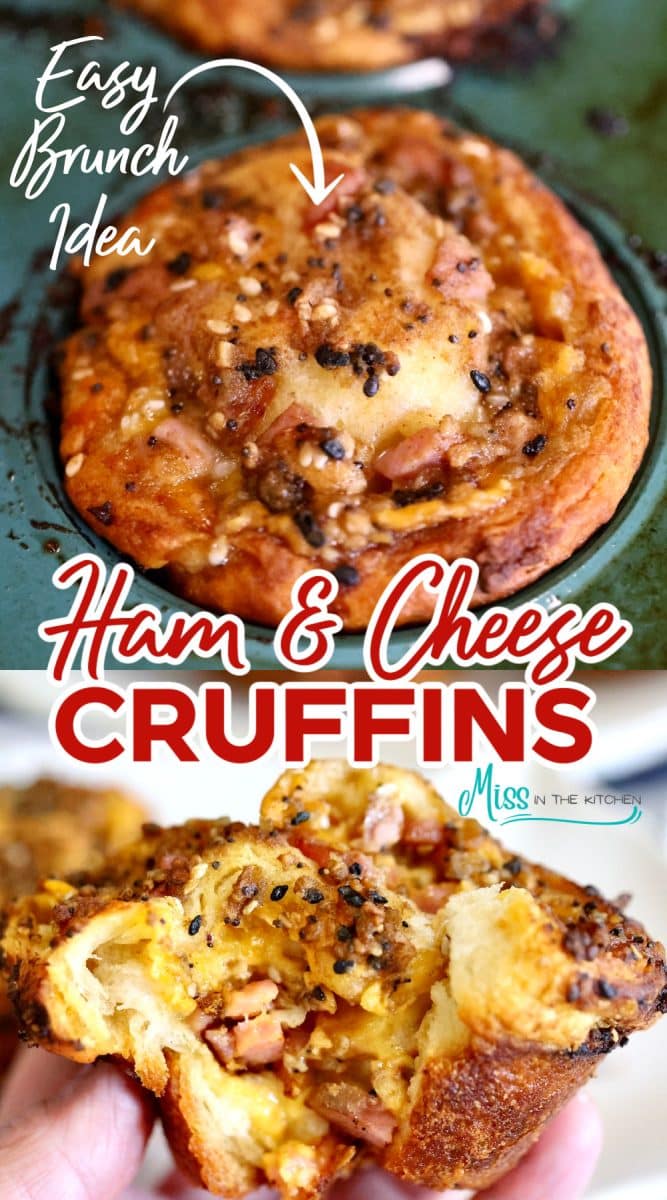 Ham and cheese cruffins with text overlay.