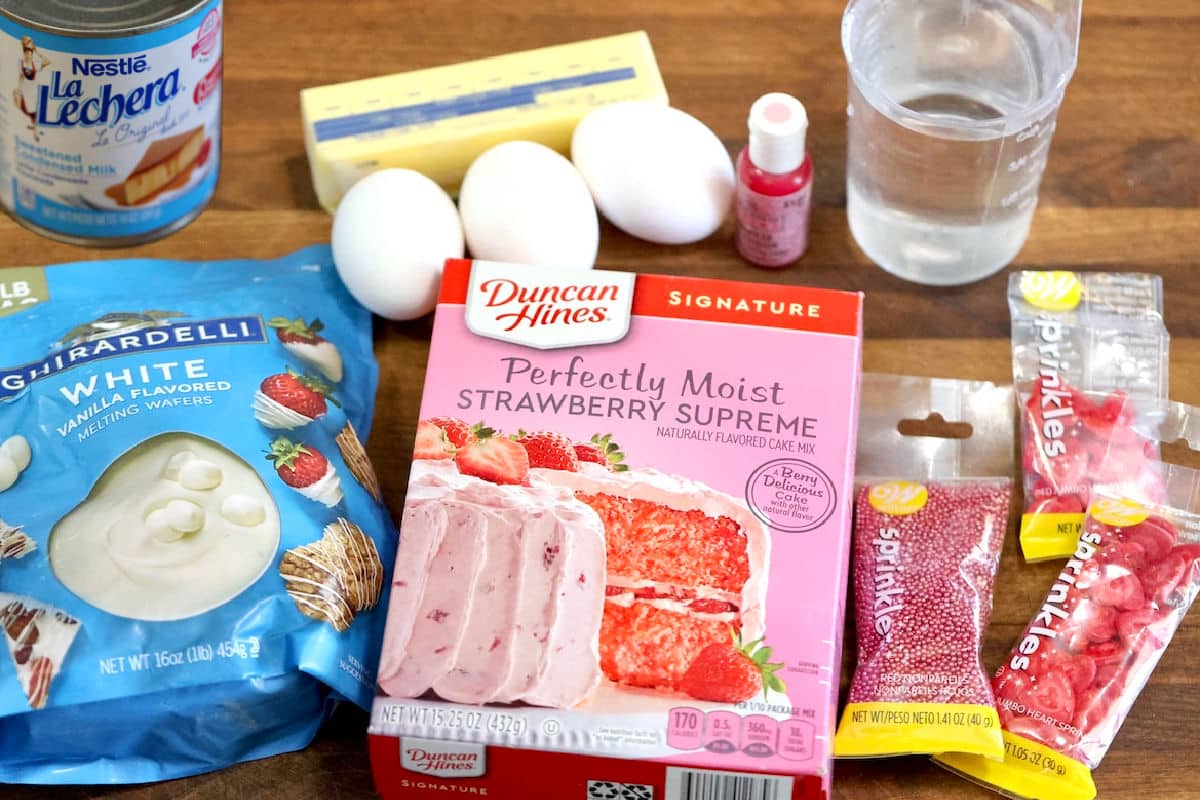 Ingredients for strawberry cake balls.