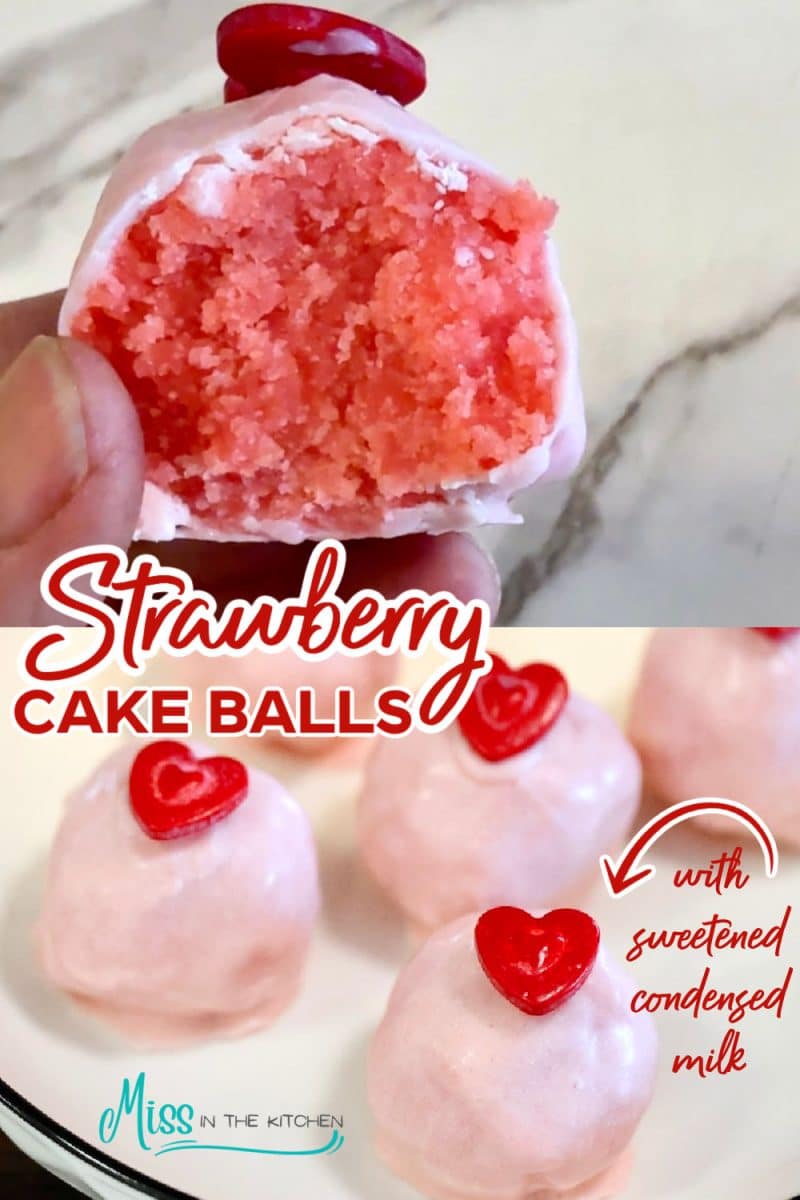 Strawberry cake balls collage with text overlay.