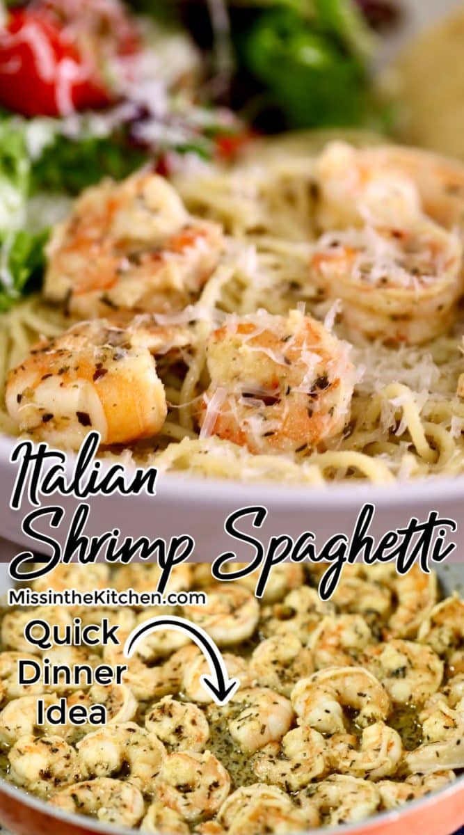 Collage of Italian shrimp spaghetti with text overlay.