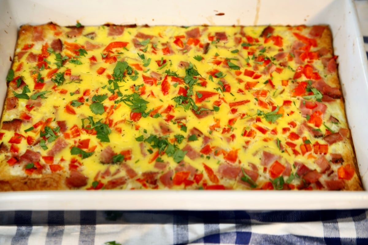 Pan of breakfast casserole.