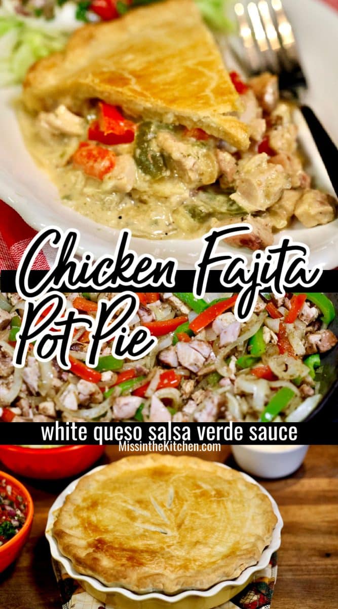 Collage of chicken pot pie with bell peppers and onions.