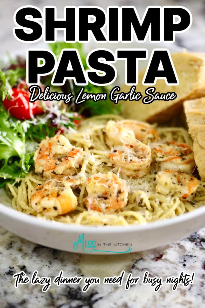 Bowl of shrimp pasta - bold text overlay.