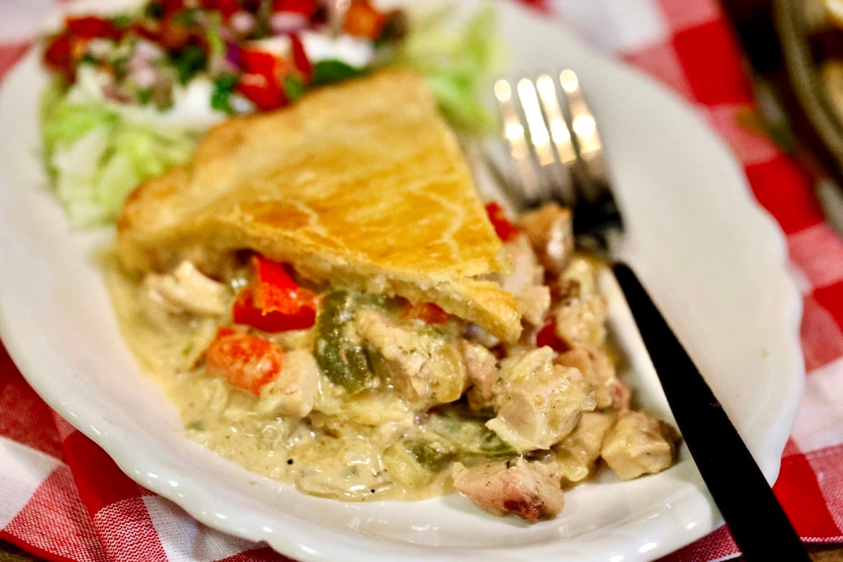 Slice of Tex-Mex chicken pot pie.