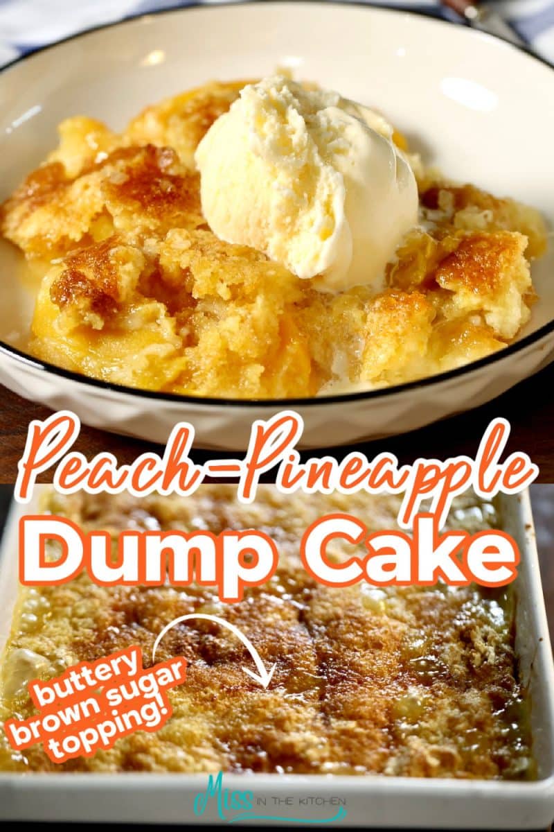 Collage of dump cake in bowl with ice cream/in pan.