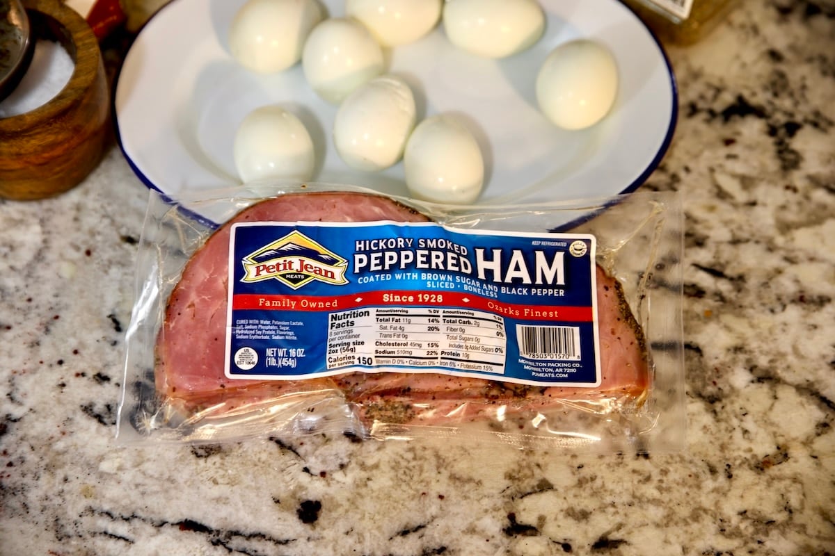 Petit Jean Sliced ham in a package with hard boiled eggs.