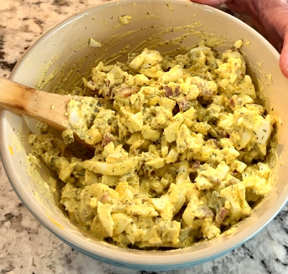 Ham and Egg salad in a bowl for brunch sliders.