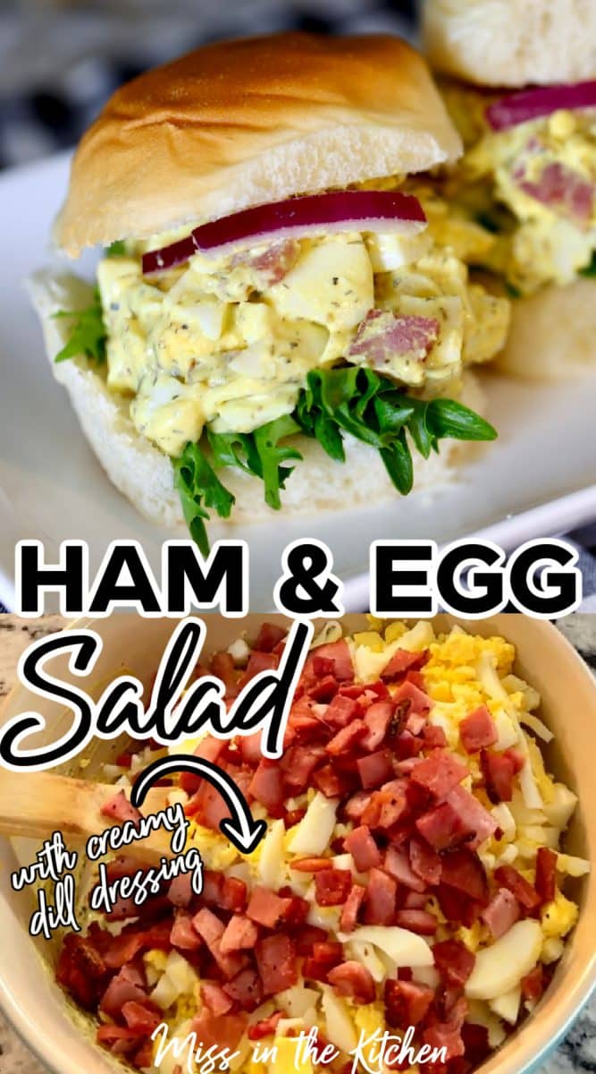Ham & Egg Salad collage: sandwich/mixture in a bowl.