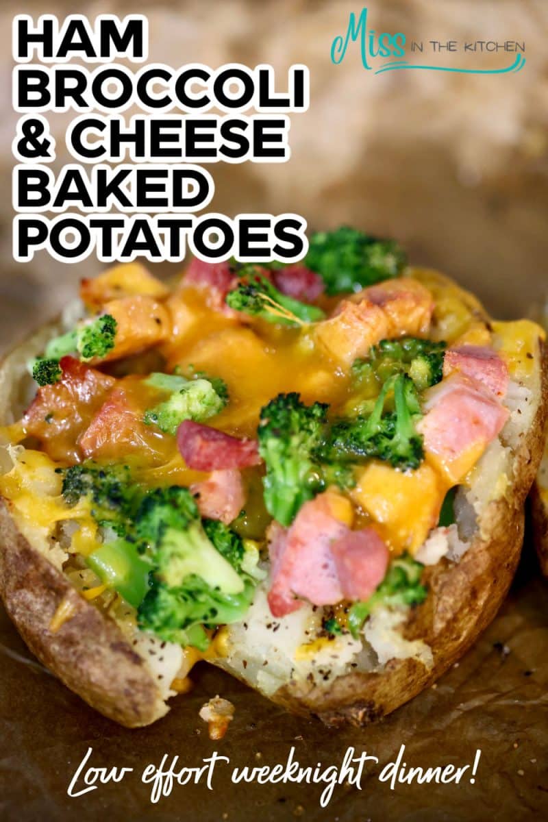 Ham and cheese baked potato with broccoli.