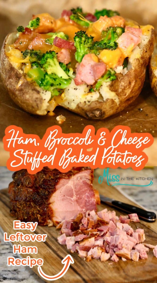 Collage of loaded baked potatoes over ham chopped.