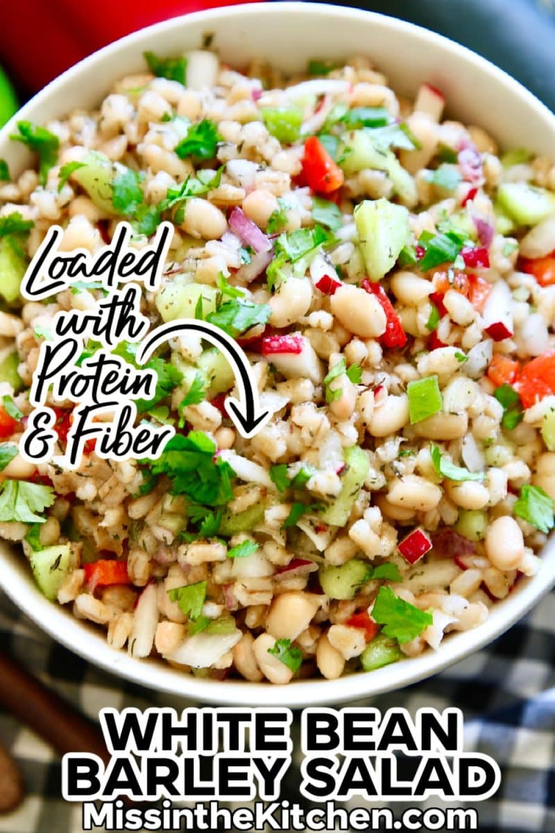 White bean barley salad in a bowl - text overlay.