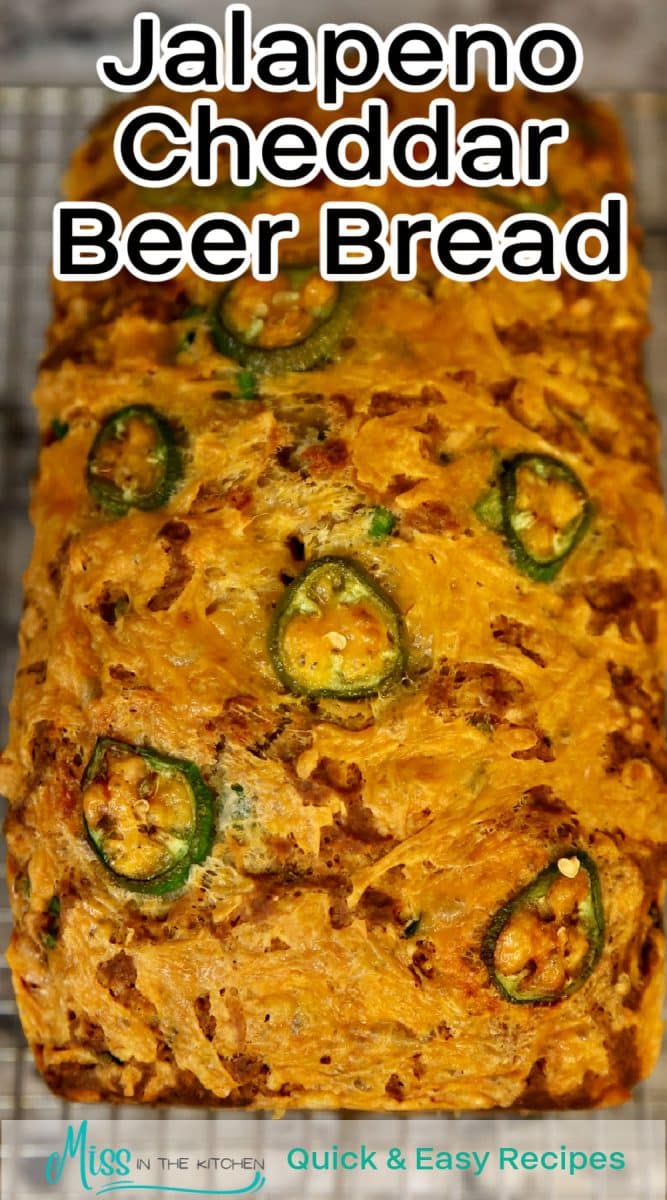 Loaf or jalapeno cheddar beer bread with title overlay.