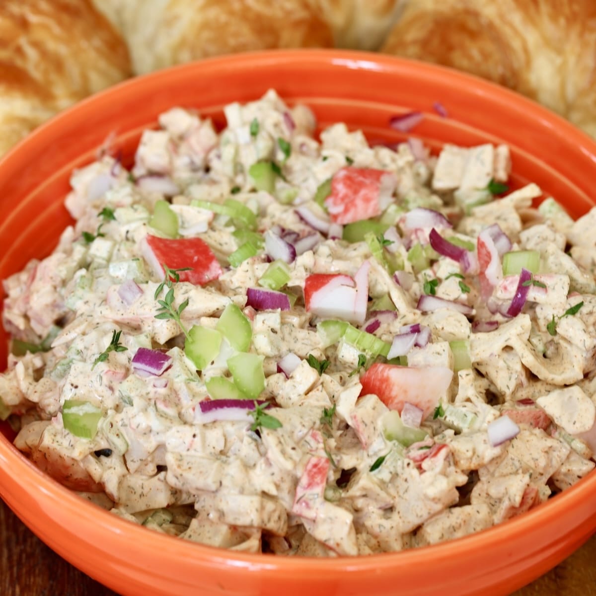 Seafood salad with celery, red onion & imitation crab.