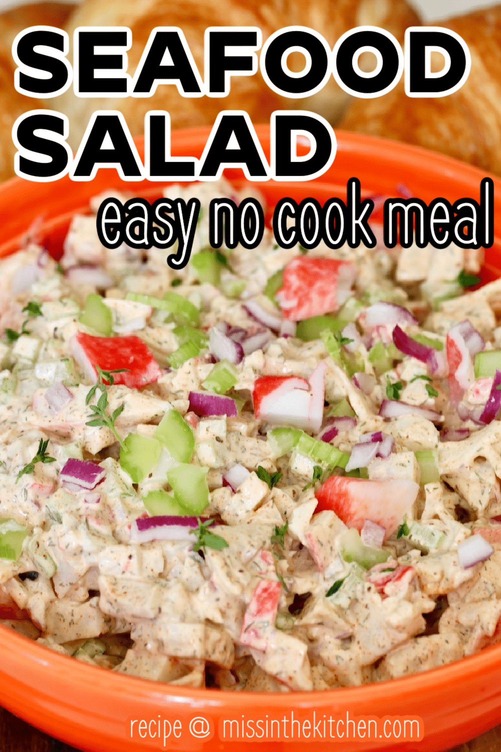 Seafood salad with text overlay for pinterest.