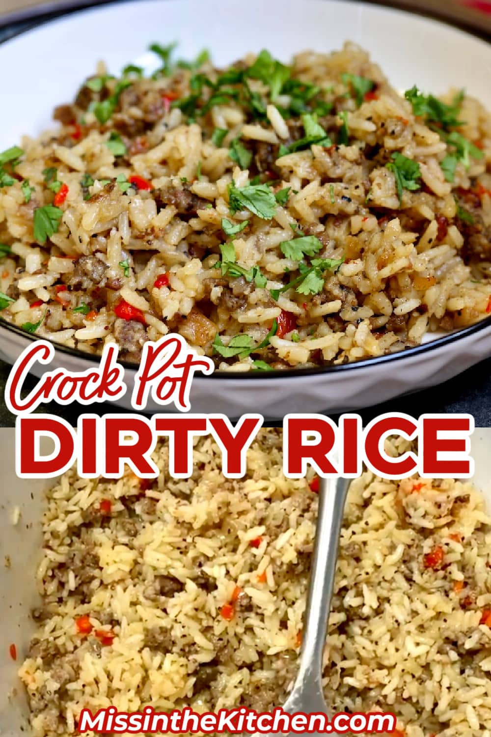 Crock pot Dirty rice in a bowl/crock pot.