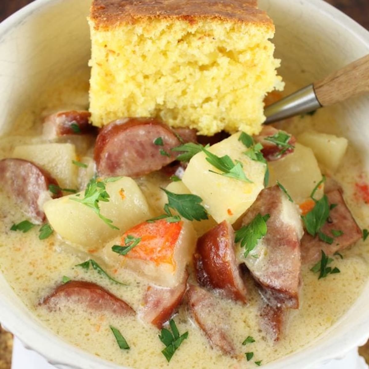 Smoked sausage potato soup with cornbread.