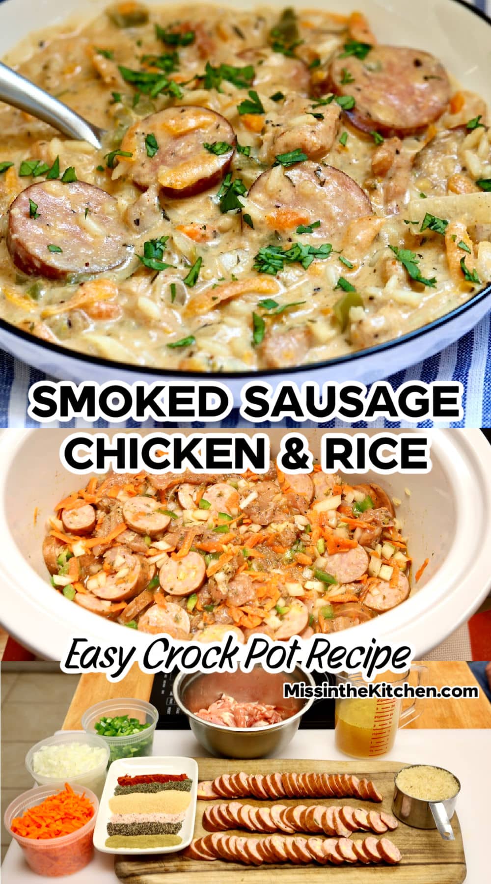 Collage of slow cooker smoked sausage, chicken and rice cassserole.