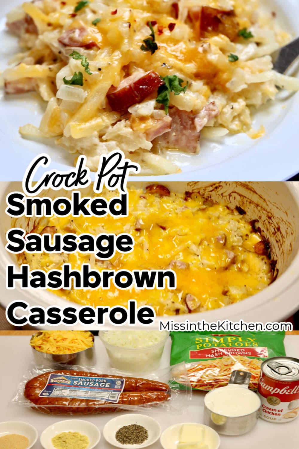 Collage of smoked sausage hashbrown casserole: plated/crockpot/ingredients.