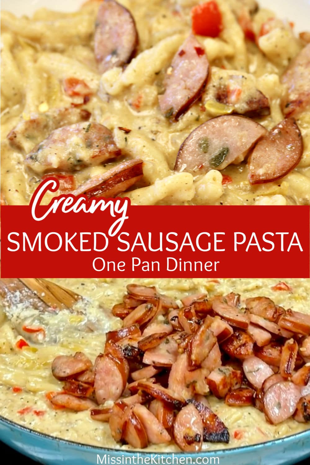 Smoked sausage pasta collage.