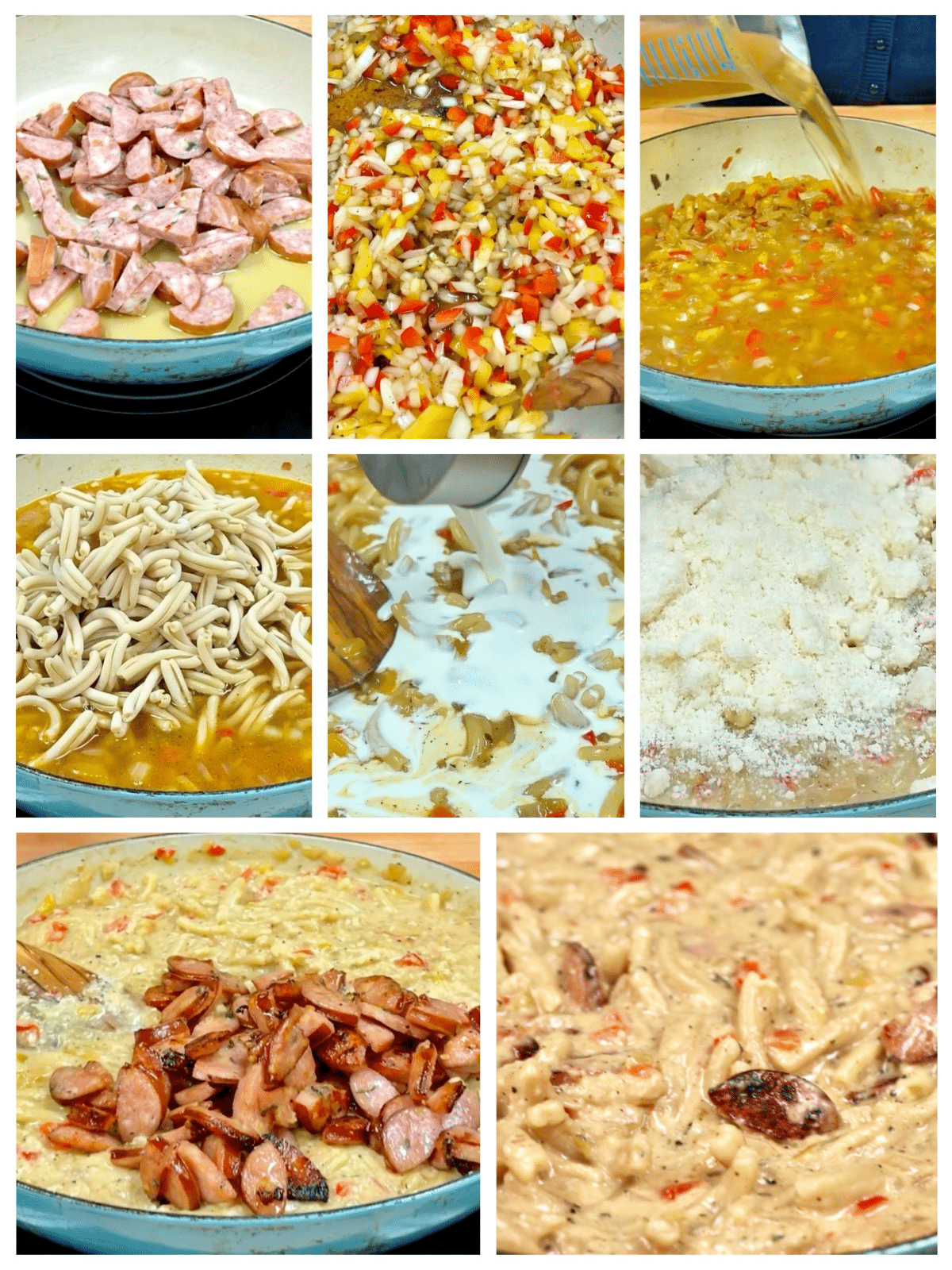 Collage of making one pot smoked sausage pasta.